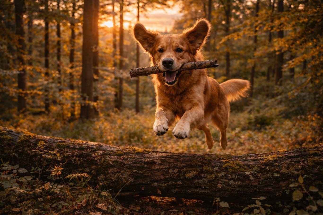 Golden Retriever Zucht aus Verantwortung Aktive Golden Retriever Hündin springt mit einem Stock im Wald – Zucht vom Fuchsbacherhof.