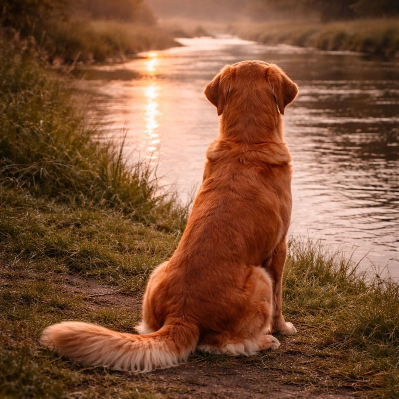 In memoriam – Golden Retriever vom Fuchsbacherhof Ein Golden Retriever sitzt am Ufer und blickt ruhig auf das Wasser – Symbolbild für unvergessene Hunde.