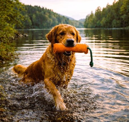Rassetypischer Golden Retriever apportiert ein Dummy im Gelände als Beispiel für Dual Purpose Zucht.